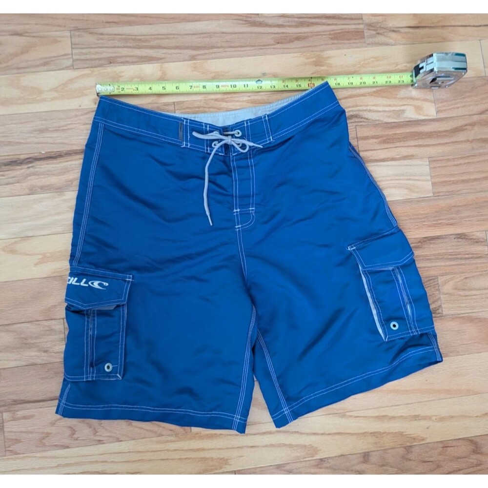 Vintage O'Neill Boardshorts Blue White Cargo Pockets Shiny Surf Wax Comb Size 34